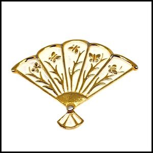 Vintage Brooch Pin Signed RNK Fan White Floral Gold Tone